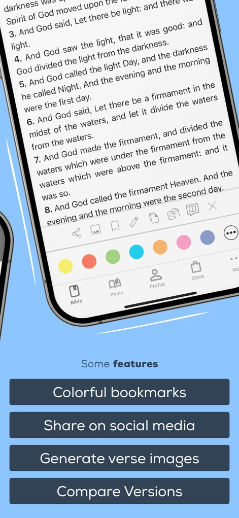 Bible Offline JFA - Los usuarios pueden personalizar su experiencia de lectura con la intuitiva paleta de colores para resaltar versículos. La aplicación facilita compartir la Palabra de Dios a través de las opciones de 'Marcadores coloridos' y 'Compartir en redes sociales'.