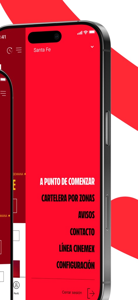 Cinemex - Un menú lateral desplegable permite a los usuarios acceder rápidamente a secciones importantes como la cartelera por zonas y los avisos.