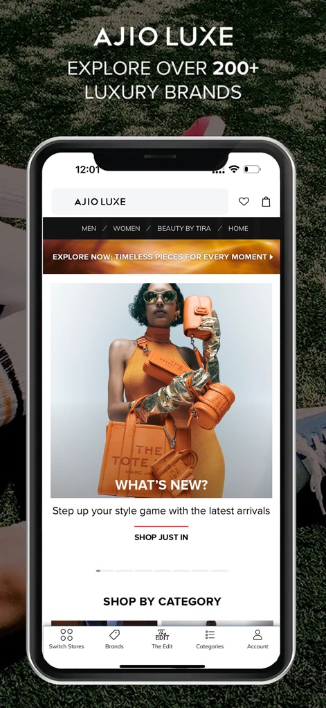AJIO Online Shopping App - Within 'AJIO LUXE', users can navigate distinct category tabs for Men, Women, Beauty, and Home, and discover the latest trends via the 'SHOP JUST IN' section showcasing new arrivals.