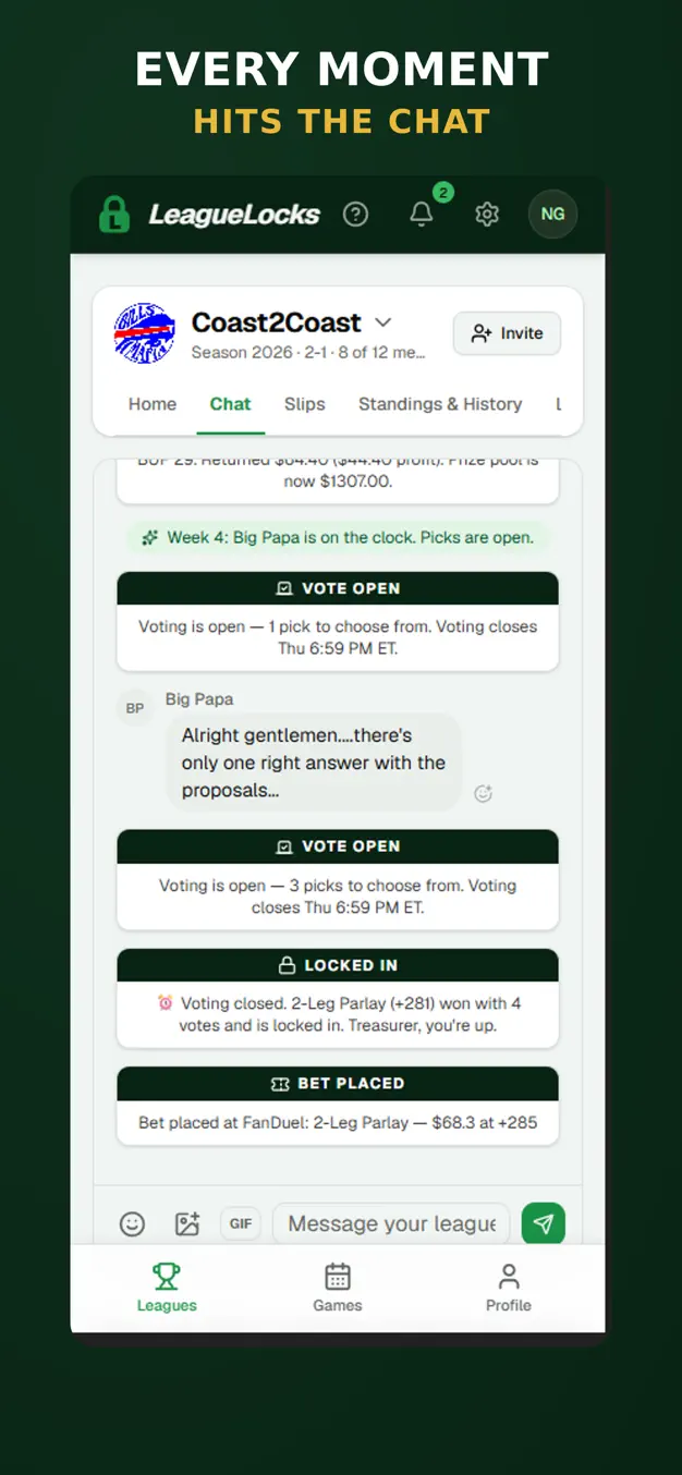 LeagueLocks App Store screenshot: league chat