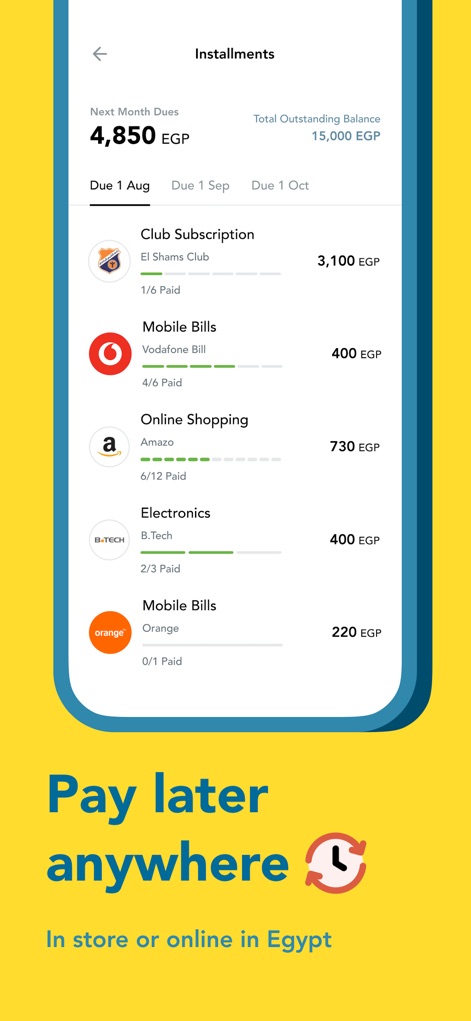 myfawry - Questa schermata mostra una chiara panoramica delle rate, con il 'Total Outstanding Balance' e il dettaglio di ogni pagamento, come 'Club Subscription' e 'Mobile Bills', per una gestione finanziaria trasparente.