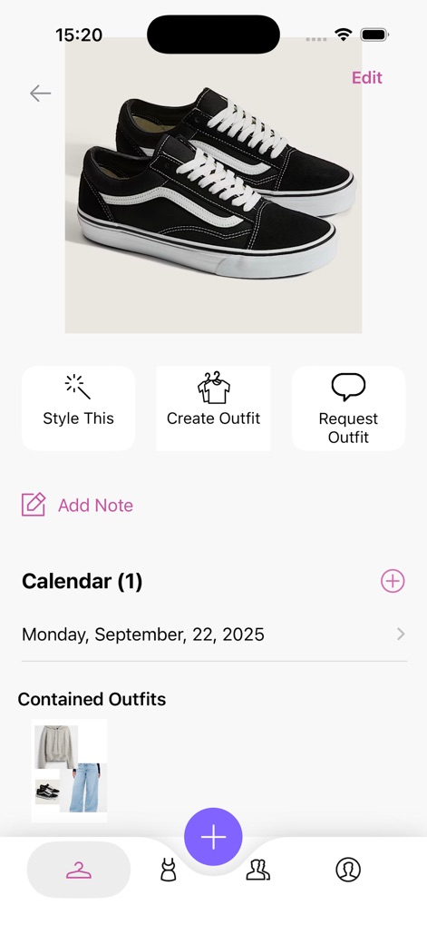 Pureple AI Outfit Planner - The app centralizes individual clothing items, offering direct options to 'Style This' and integrate with the outfit 'Calendar'.