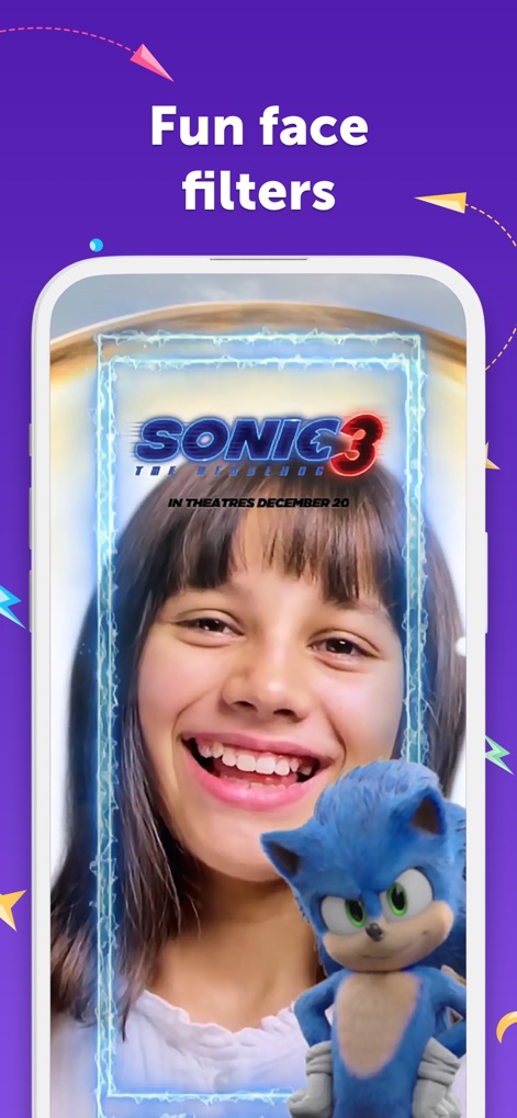 Kinzoo: Fun All-Ages Messenger - Os usuários podem explorar filtros de rosto divertidos, como o que adiciona o personagem Sonic the Hedgehog e um efeito luminoso ao redor do usuário.