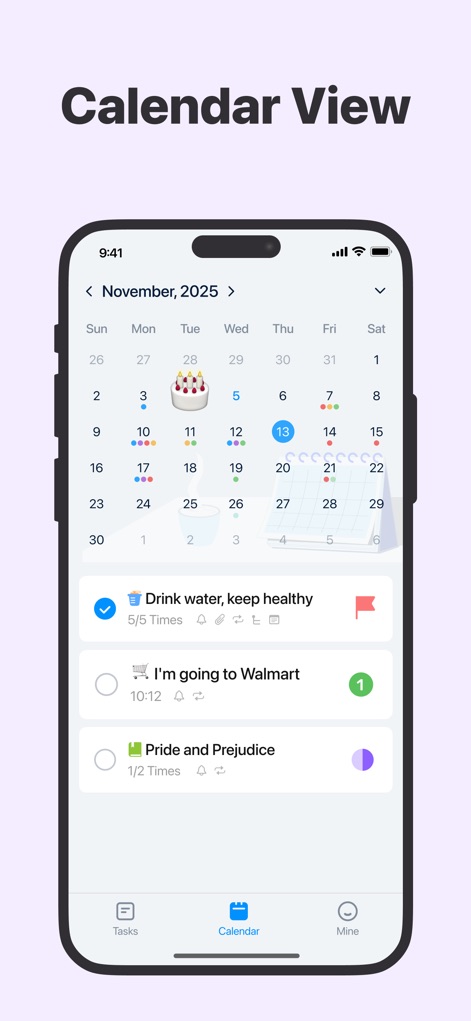 Todoery - Todo List & Reminder - Gain a clear overview of daily and weekly schedules through the integrated 'calendar view', highlighting tasks and events on specific dates.