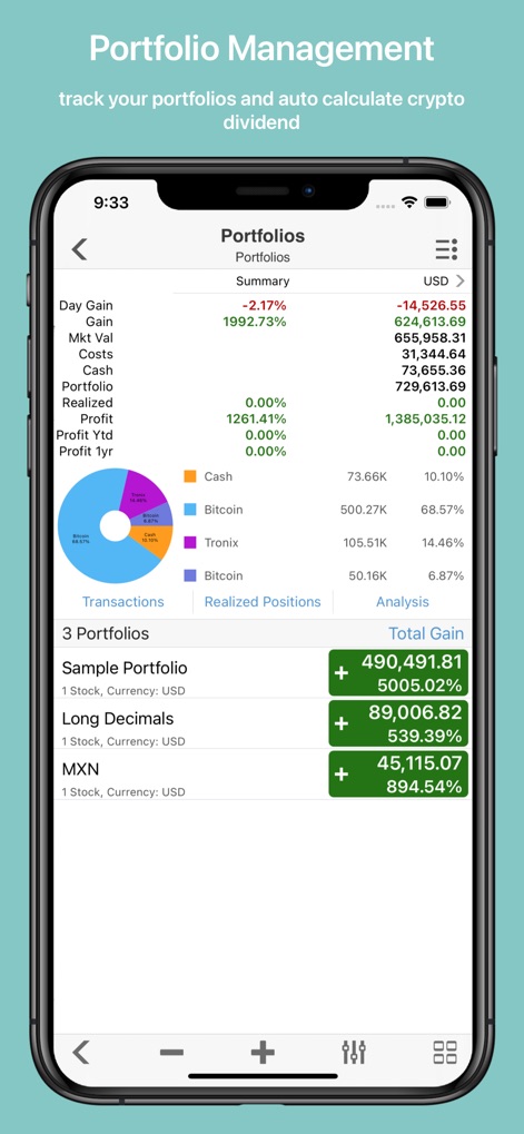 Crypto Master: Market Analysis - The app streamlines investment management with a detailed 'Portfolio Summary' showing 'Day Gain' and 'Market Value', coupled with dedicated 'Transactions' and 'Analysis' tabs.