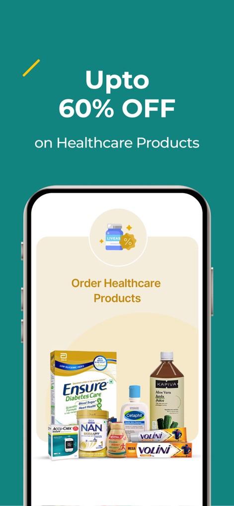 PharmEasy - Healthcare App - See how the app offers impressive discounts, up to "60% OFF on Healthcare Products", and a convenient interface to "Order Healthcare Products" ranging from nutrition to personal care.