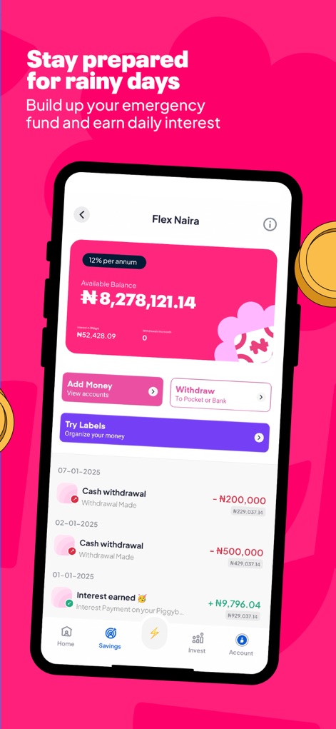 PiggyVest: Save & Invest Today - この画面は「Flex Naira」口座の利用可能残高と年利12%の表示を示しており、ユーザーは過去の入出金履歴も確認できます。