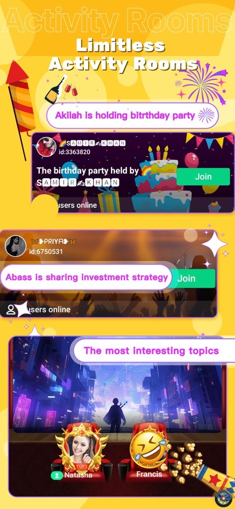 YoHo - Group Voice Chat - Explore diverse themed activity rooms such as 'birthday party' discussions and 'investment strategy' sessions, complete with clear 'Join' buttons and participant counts.