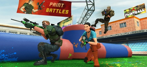 Paintball Shooting Team Strike - Observez l'engagement tactique des joueurs qui exploitent les objets de couverture dans ces arènes ouvertes, mettant en avant le design distinctif des personnages de l'application.