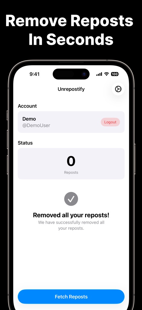 Unrepostify: Remove Reposts - Upon completion, the interface confirms a clean profile by showing a '0 Reposts' status and a distinct "Removed all your reposts!" success message.