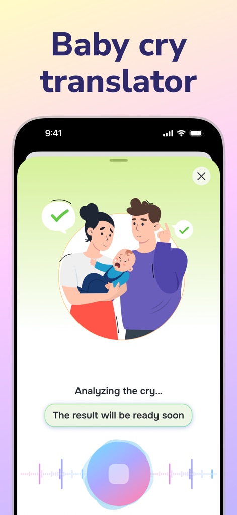 Cry Analyzer · Baby Translator - L'app mostra il processo di "Analyzing the cry..." con un'illustrazione di genitori e bambino, rassicurando che "The result will be ready soon" per una risposta immediata.