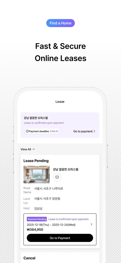 33m2 - Korea Short-Term Rental - The app offers robust 'Fast & Secure Online Leases', presenting a clear 'Lease Pending' status for properties and a prominent 'Go to payment' button with a countdown for timely transactions.