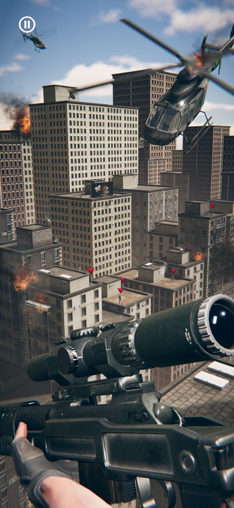 Sniper Agent: Offline Shooter - Players engage in action-packed combat scenarios across high-rise buildings, clearly identifying targets with visual markers.