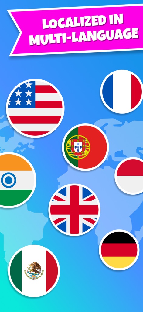 TraceArt: Learn How To Draw - 世界地図上に表示された様々な国の旗が示すように、本アプリは多言語に対応しており、世界中のユーザーがそれぞれの言語で利用できるグローバルな学習体験を提供します。