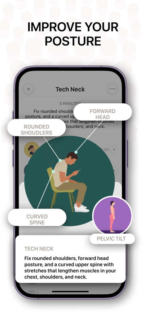 Bend: Stretching & Flexibility - Identify and correct common posture issues with detailed visual breakdowns, focusing on 'FORWARD HEAD' and 'ROUNDED SHOULDERS' related to 'Tech Neck'.