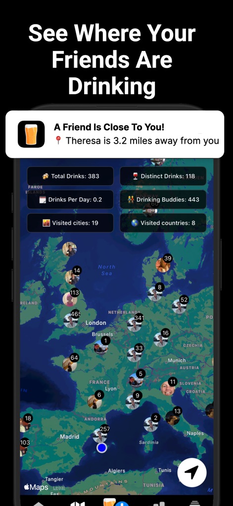 Beer Buddy - Friends Alerts - L'application permet de visualiser les lieux de consommation des amis à l'échelle mondiale, grâce à la carte géographique des activités et les statistiques de consommation agrégées pour une vue d'ensemble.