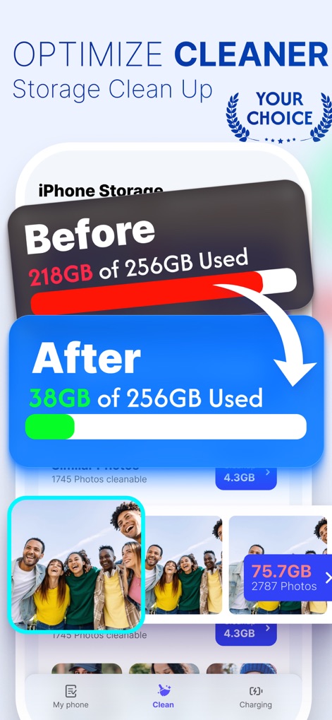 CleanSweep Go: Phone Booster - Esta captura muestra la impactante diferencia de almacenamiento con los indicadores de espacio 'Antes' y 'Después', destacando la galería de fotos que los usuarios pueden limpiar para liberar gigabytes.