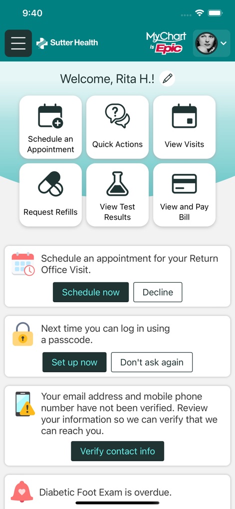 Sutter Health My Health Online - The app presents a personalized dashboard with key actions like scheduling appointments and viewing test results, alongside important health alerts for proactive management.
