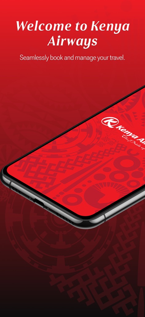Kenya Airways - L'application accueille les utilisateurs avec un message de bienvenue clair et présente un aperçu du design épuré et du logo distinctif de Kenya Airways sur l'écran du téléphone.
