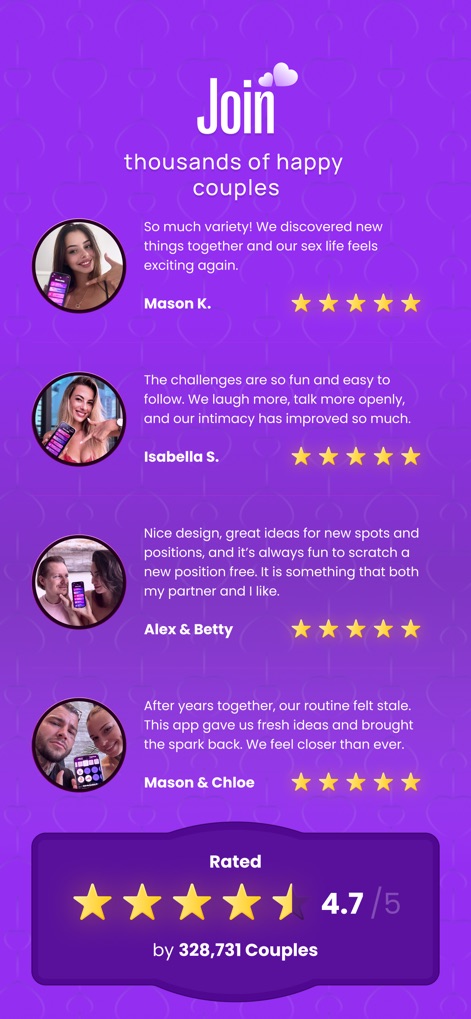 the2: Scratch Adventure - L'app invita a unirsi a migliaia di coppie felici, presentando testimonianze positive di utenti come "Mason K." e "Isabella S." e un'impressionante valutazione media di 4.7 su 5, basata su centinaia di migliaia di recensioni.