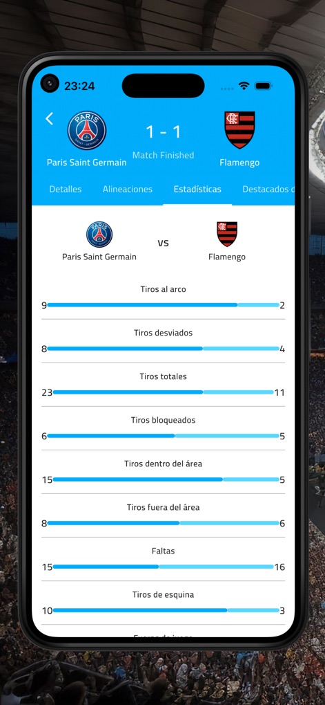 Futbol Argentina - EN VIVO - This tool presents in-depth game statistics, comparing "Tiros al arco" (shots on target) and "Faltas" (fouls) for both teams.