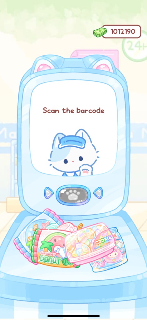 Tanghulu Master - Mukbang ASMR - This screen illustrates the interactive checkout process, featuring a charming cat cashier and a selection of delightful candy packages ready for purchase.