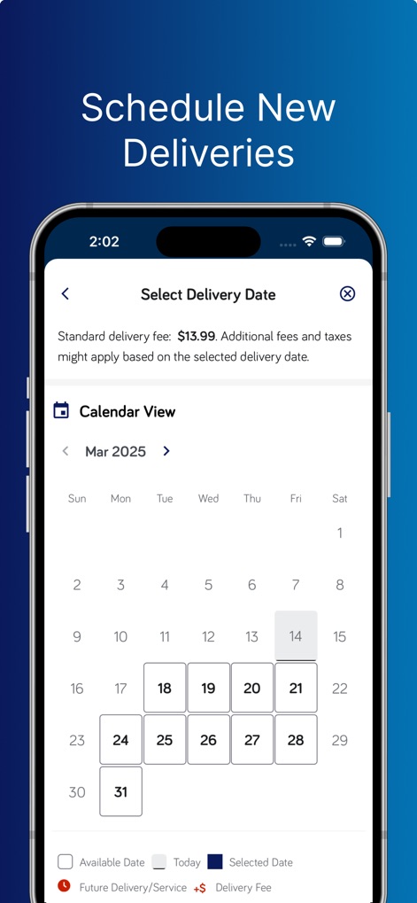 ReadyRefresh My Water+ - The app offers a user-friendly calendar interface to 'Select Delivery Date', clearly indicating available days and any applicable 'Standard delivery fee' for new orders.