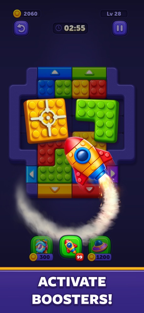 Block Out! - Color Sort Puzzle App Store screenshot 3, headline “ACTIVATE BOOSTERS!”. Leads with a feature.