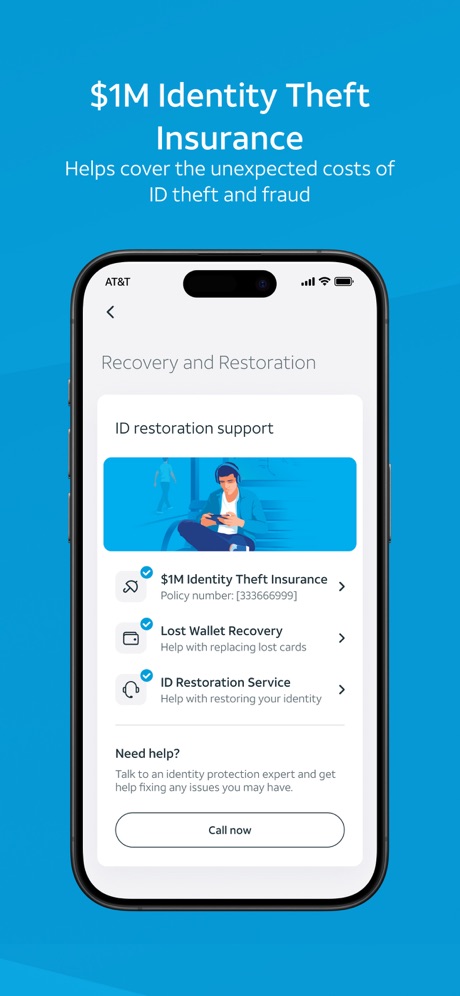 AT&T ActiveArmor® App Store screenshot 4, headline “$1M Identity Theft Insurance”. Uses a number.
