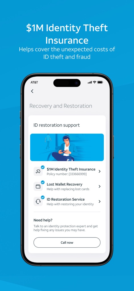 AT&T ActiveArmor® - Users gain essential support through the "Recovery and Restoration" section, showcasing direct access to "$1M Identity Theft Insurance" and "Lost Wallet Recovery" services.