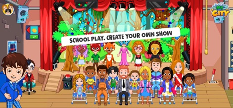 My City : High school - Um palco teatral vibrante com cortinas vermelhas e personagens fantasiados ilustra as oportunidades de encenação, enquanto uma plateia animada aguarda o show.