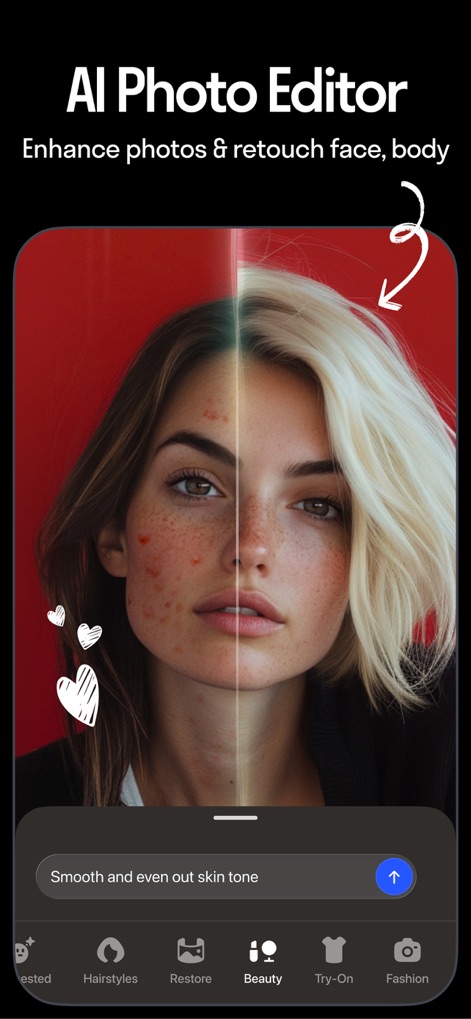 Reface: Face Edit AI Photo App - O editor de fotos com IA permite suavização de pele precisa e melhorias completas das características faciais, refinando cada detalhe.