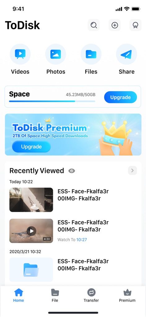 Todisk - This initial view highlights the app's intuitive quick access categories for media and documents, alongside a clear space usage indicator for monitoring storage.