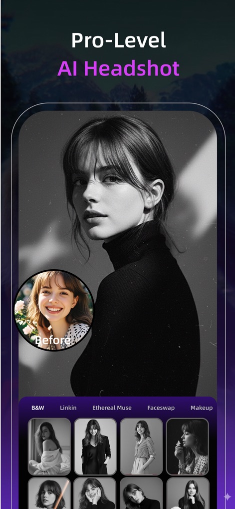 Pixnova: AI Photo&Video Maker - This tool elevates portraits with professional enhancements, featuring a striking black and white conversion and diverse stylistic presets like "Ethereal Muse" with clear before/after views.