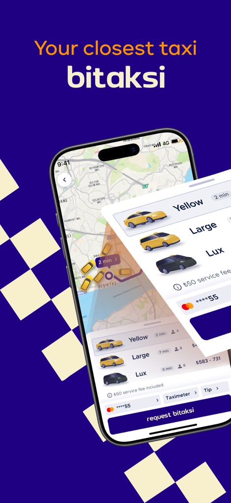 bitaksi - your closest taxi! - Users can swiftly select their preferred taxi type, such as 'Yellow', 'Large', or 'Lux', while viewing real-time estimated arrival times and clear pricing options directly on the map interface.