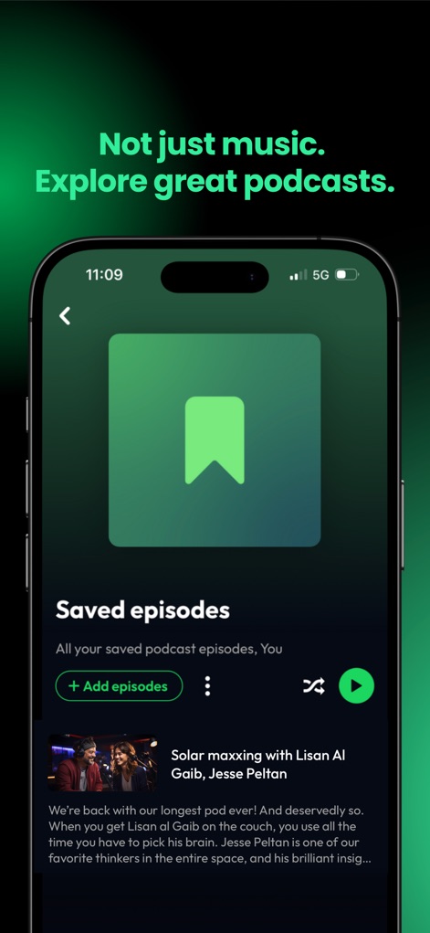 Lyra - Music, Radio, eSound - The app simplifies podcast management, displaying a clear bookmark save indicator and informative episode description cards for easy access.