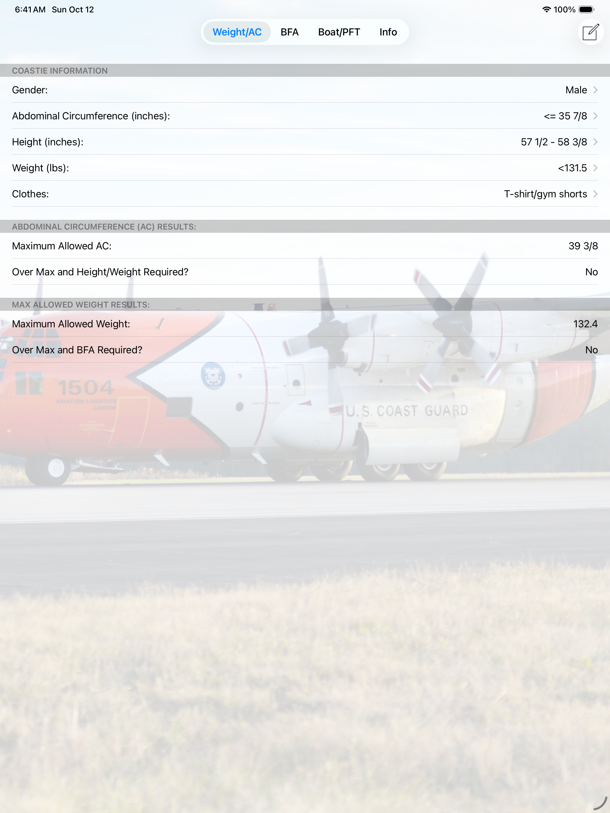 Coast Guard Fitness Calculator