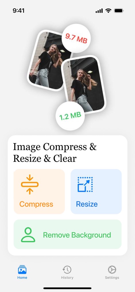 Compress Photos, Resize Image - The app's engaging dashboard highlights key actions with visual indicators of file size reduction and provides quick access to functions like 'Remove Background' and navigation to 'History'.