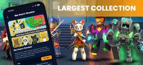 Game Codes for Roblox • - The app showcases extensive game details, such as for "Bee Swarm Simulator," complete with a handy "COPY" button for instant code application.