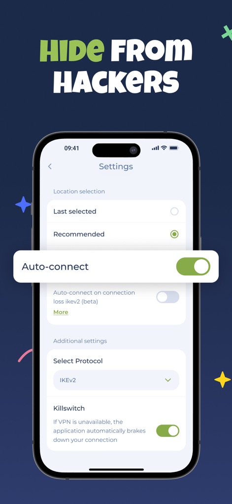 USA VPN - Private & Fast - Explore critical security features, including the convenient "Auto-connect" toggle and the essential "Killswitch" for uninterrupted data protection.