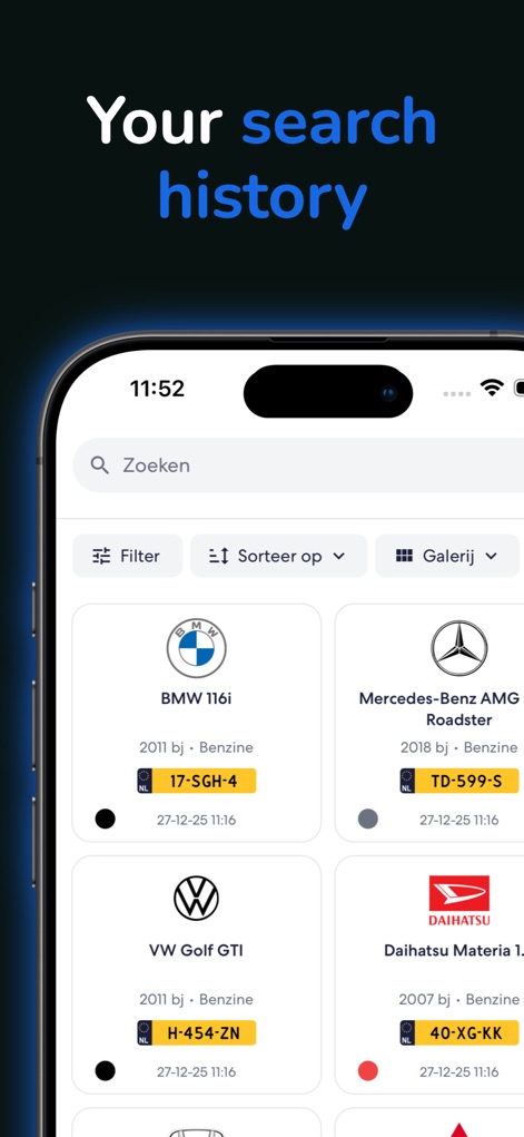 Qenteken - Kenteken Check - Users can easily revisit previous searches through a well-organized gallery view, complete with filter and sort options for efficient management.