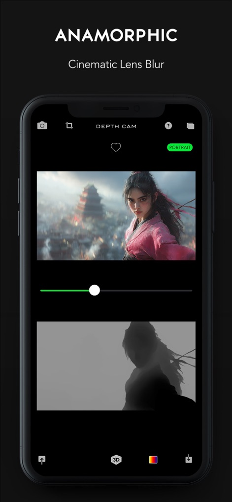 Depth Cam - Depth Editor - アナモルフィックブラーで映画のようなボケを演出し、深度スライダーで焦点とボケの強さを自在に調整できます。