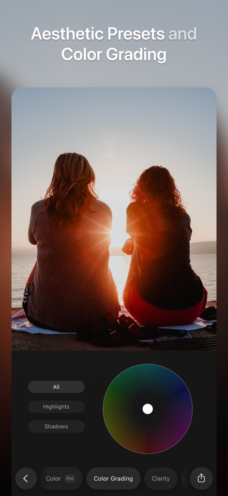 Ultralight: Photo Video Editor - Discover the app's advanced "color wheel selector" for nuanced adjustments and witness the power of its "Color Grading" tools, enabling aesthetic transformations for any image.