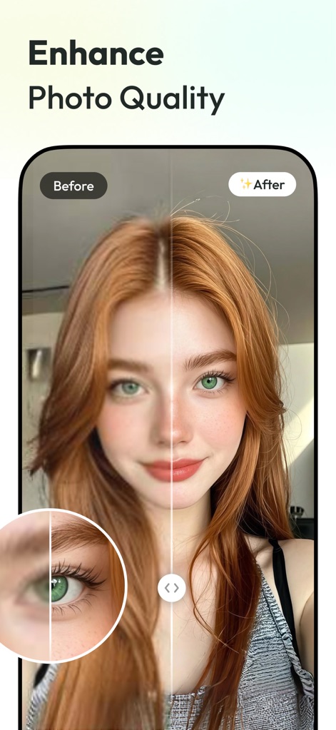 AnyEraser: Remove Objects AI - This screenshot illustrates the dramatic improvement in photo quality with a "Before" and "After" view and a close-up of enhanced eye detail.