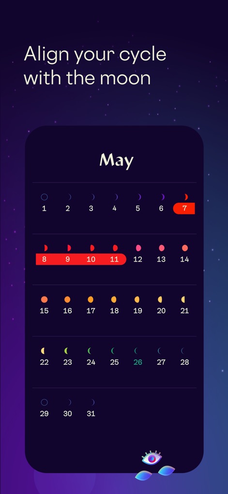 Stardust Period Tracker - The app presents a monthly calendar view that integrates cycle days with corresponding moon phases for holistic tracking.