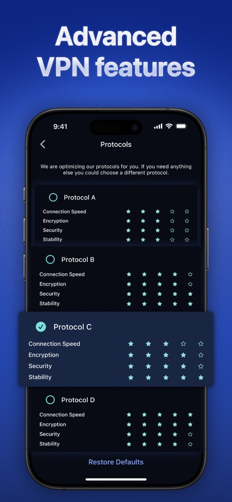 VPN Super Fast Securezone Best - Os usuários podem personalizar sua experiência de segurança selecionando entre diferentes "Protocols", cada um detalhando a "Connection Speed" e o nível de Encryption.