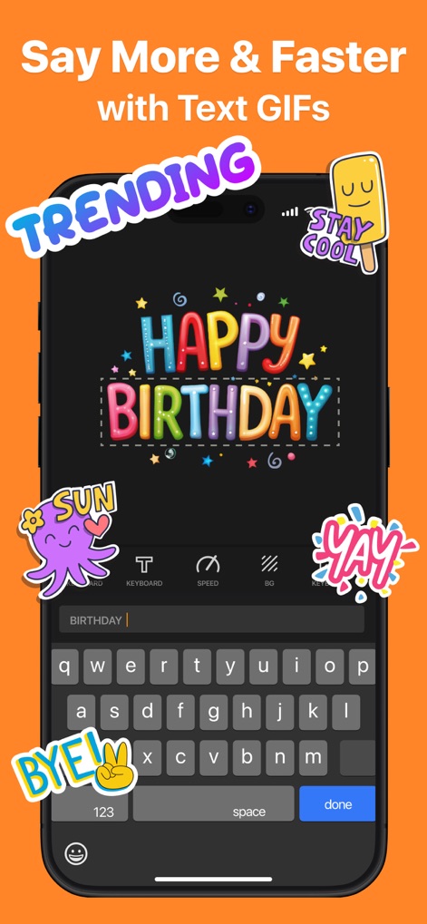 GIF Maker - Memes & GIFs - Crie "GIFs de Texto Animados" cativantes como o "HAPPY BIRTHDAY" colorido, complementando-os com adesivos expressivos como "TRENDING" para realçar a mensagem.