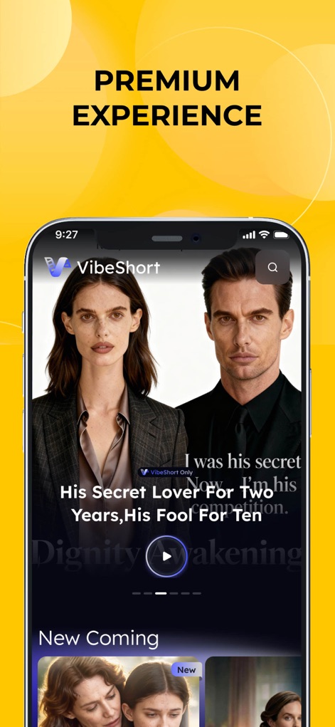 VibeShort: AI Comic Dramas - This screenshot reveals a clean video playback screen featuring character visuals and a prominent play button, alongside a "New Coming" section for upcoming content, ensuring a premium experience.