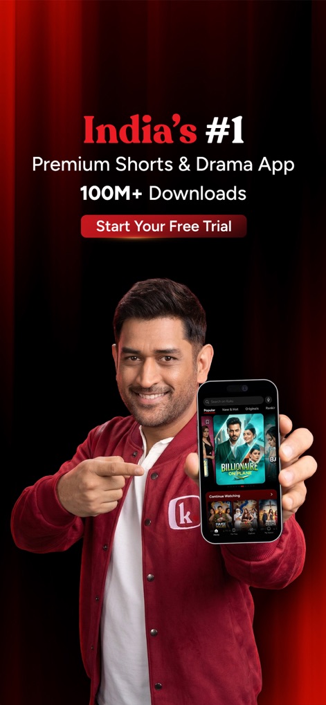 Kuku TV: Short Drama & Stories - The app showcases its strong brand appeal with MS Dhoni's endorsement and highlights its user growth with the '100M+ Downloads' metric.