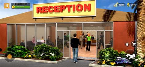 Supermarket Motel Simulator 3d - La recepción principal del motel es el punto de entrada para los clientes. Esta captura resalta la disposición de los asientos para la espera y el personal atendiendo a los huéspedes, asegurando una primera impresión positiva.
